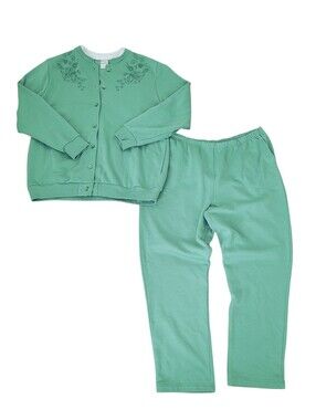 Blair 2 Piece Floral Embroided Fleece Dark Mint Green Set